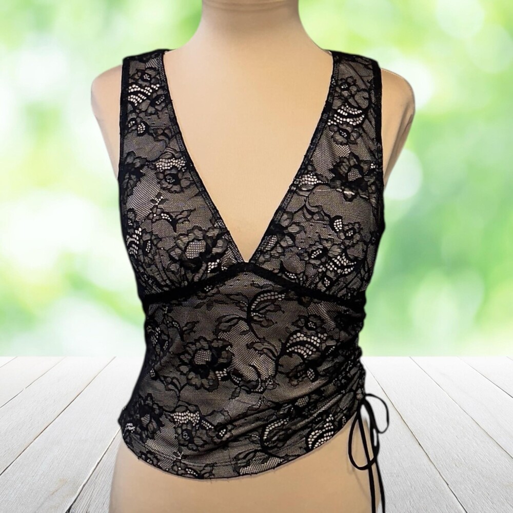 PRINCESS POLLY Babydoll Top Floral Lace Ruched Asymmetrical Y2K Black Size 8